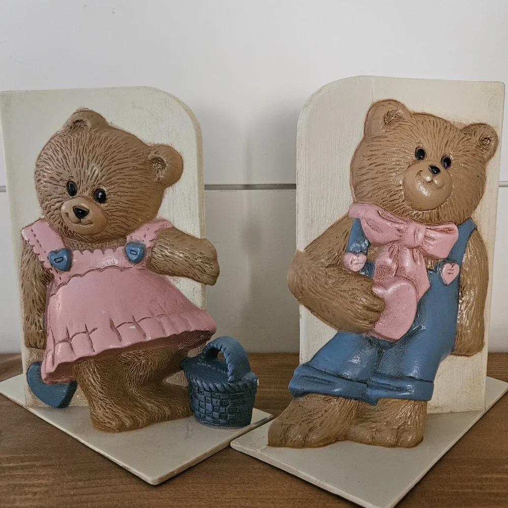Vintage Burwood Teddy Bear Bookends Set Boy Girl Pink Blue 1991 Nursery Decor